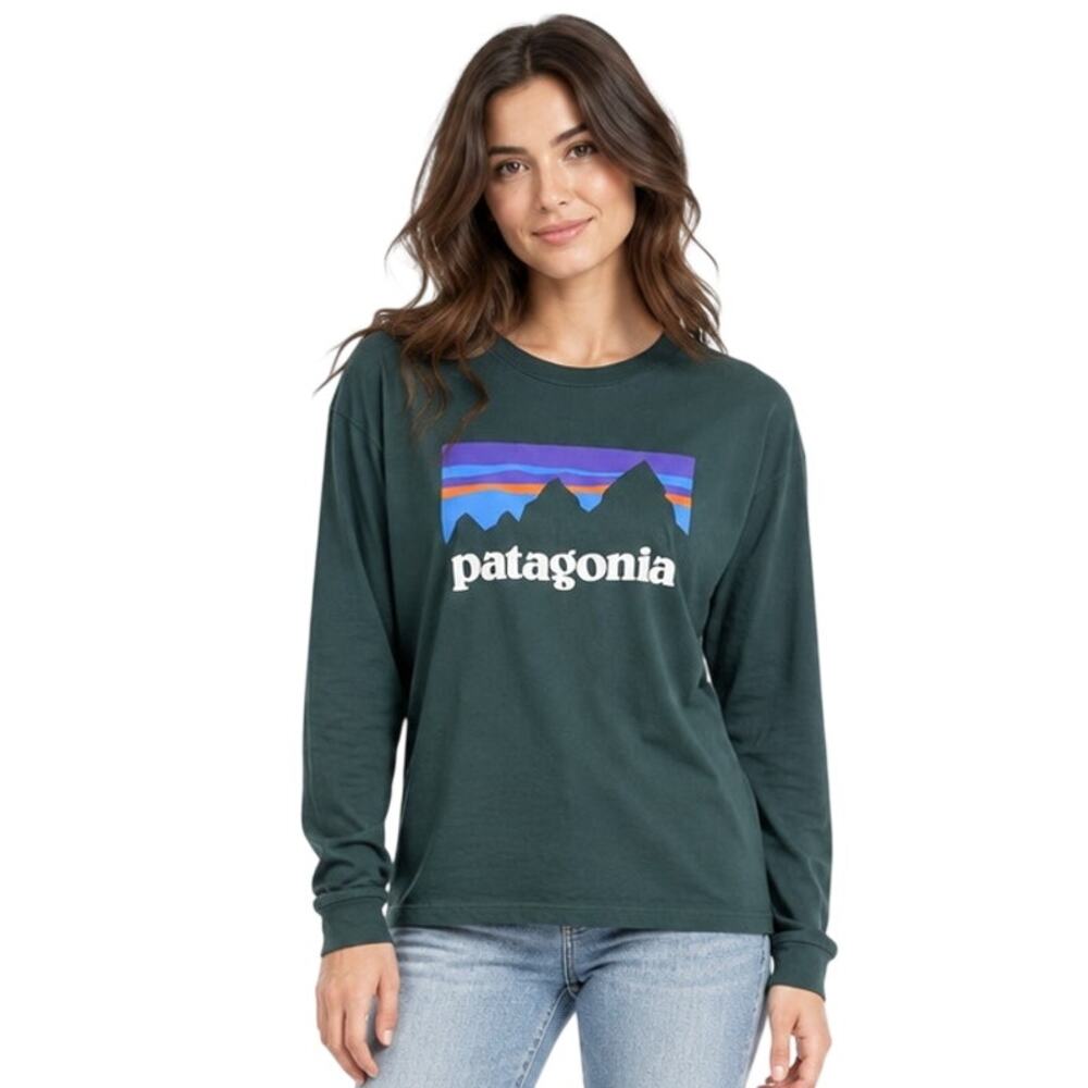 Patagonia Fitz Roy Logo Long Sleeve T-Shirt Green EUC Size Large